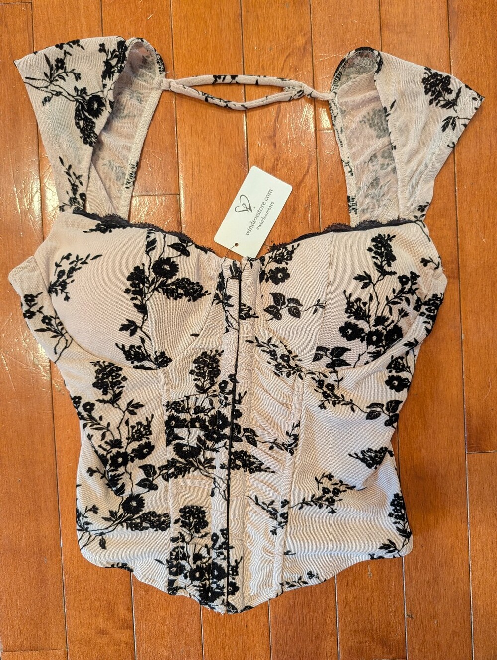 NWT Windsor Romantic Aura Flocked Floral Mesh Bustier Corset Cream & Black Top M